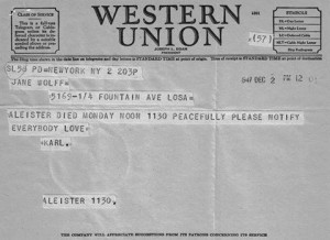 crowley death telegram