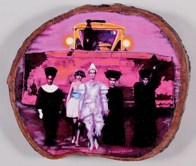 Donnie Green "Bowie Ex Voto" 2015 Oil on a slice of cherry tree.