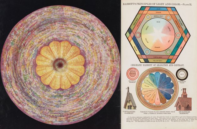 An illustration of “The Crown Chakra” from The Chakras: A Monograph, by Rt. Rev. C. W. Leadbeater, 1927, left; a page from Edwin D. Babbitt’s The Principles of Light and Color, 1878, right