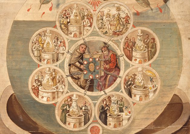 Alchemists Revealing Secrets from the Book of Seven Seals, The Ripley Scroll (detail), ca. 1700.
