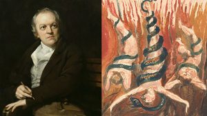The poet William Blake alongside some of his art