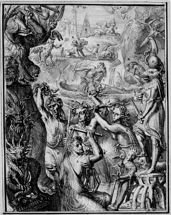 Romeyn de Hooghe -MYTHOLOGY-ICONOLOGY-CHARON-TYPHO-HYROGLYPHIC -1735 Plate 29 shows evil Gods. This plate shows A. Aspis; B. Otau; C. Zameluk; D. Typho; E. a statue symbolizing a bad year; F-H. Furies; I. Charon; K. Stygian might; L. Furrina; M. Chimaera; N. Cerberus; O. Maniae; P. Sphynxes; Q. obelisk; R. Semiramis; S. Jutrebok. 