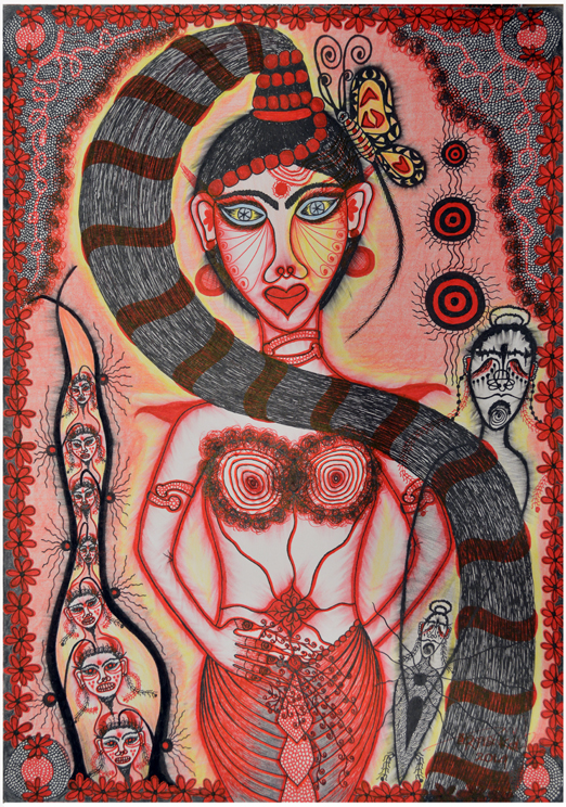 Erna Kd "Priestess with Pony Tail" 2015 ink on paper