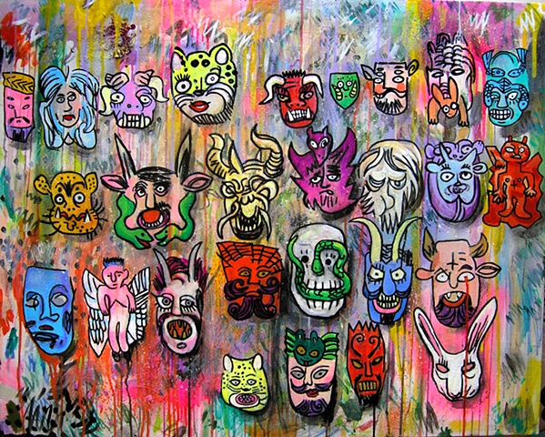 Mexican Masks 2009 -Jason Atomic acrylic ,marker, oil pastel, spray, oil and household varnish on canvas.
