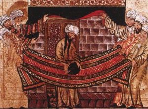 Miniature from Rashid-al-Din Hamadani's Jami al-Tawarikh, c. 1315, illustrating the story of Muhammad's role in re-setting the Black Stone in 605.