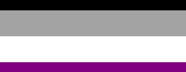 Asexuality Flag has 4 horizontal stripes, starting with black on the top, followed by gray, white, and purple.
