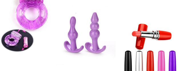 A selection of free sex toys including a vibrating cock ring, a butt plug, and bullet vibrators