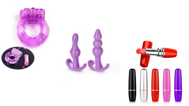 A selection of free sex toys including a vibrating cock ring, a butt plug, and bullet vibrators