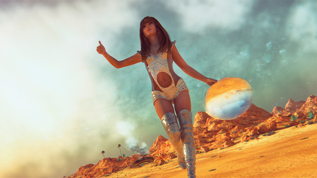 Woman in sexy sci fi costume on a imaginary planet
