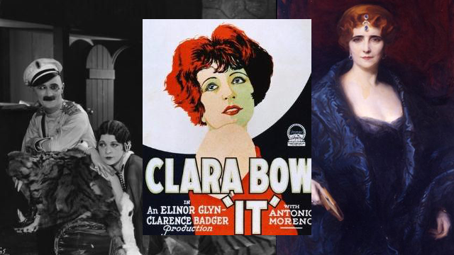 A scene from the movie Three Weeks, the movie poster for It, and a painting of Elinor Glyn