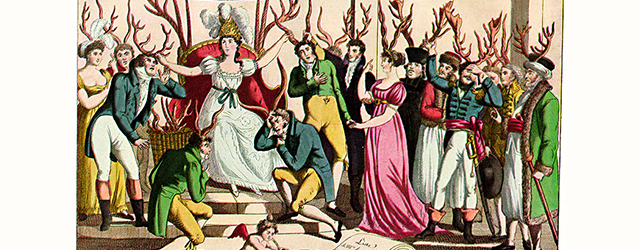 1815 French satire on cuckoldry, which shows both men and women wearing horns