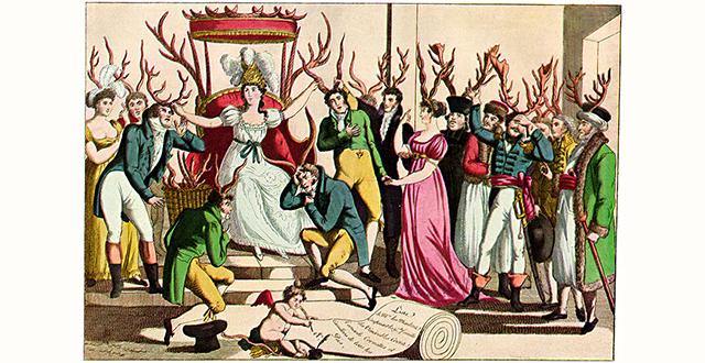 1815 French satire on cuckoldry, which shows both men and women wearing horns