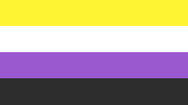 Nonbinary flag, horizontal stripes of yellow, white, purple, and black