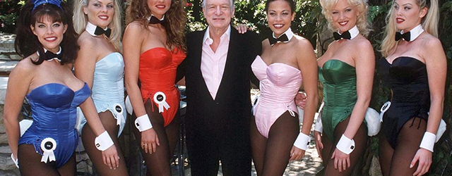 Hugh Hefner with Playboy Bunnies at the Mansion in LA