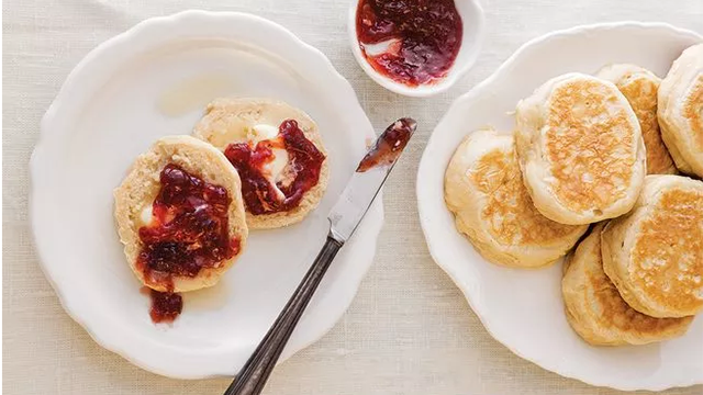 Crumpets with jam and butter.