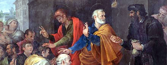 Peter's conflict with Simon Magus by Avanzino Nucci, 1620. Simon is on the right, dressed in black.