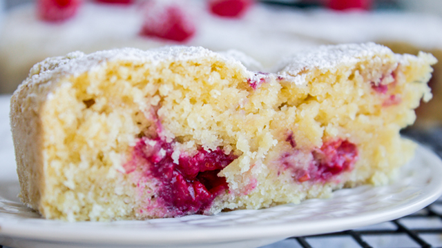 Raspberry Cake with powdered sugar on top
